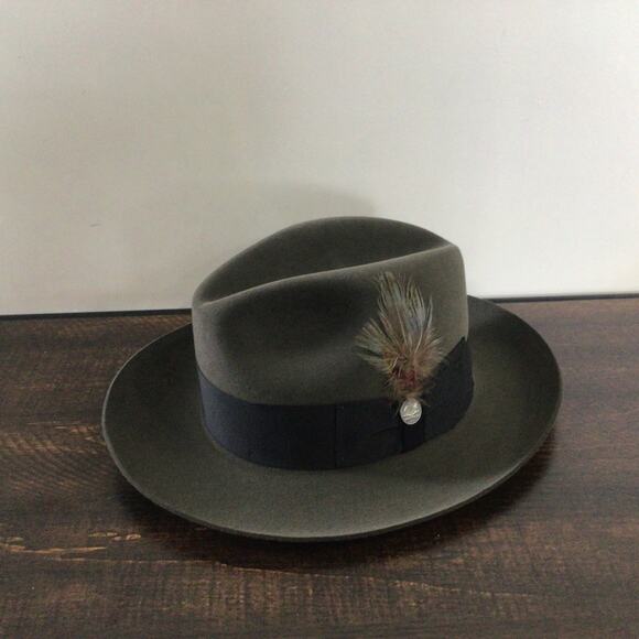 Stetson Temple Royal Deluxe Fur Felt Fedora Hat Sage Size 6 7/8 Feather Accent - Picture 3 of 8